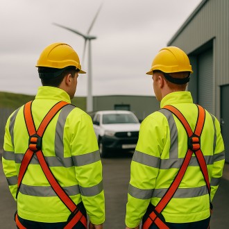 Two wind turbine technicians in hi-vis PPE in front of a white truck and wind turbine.