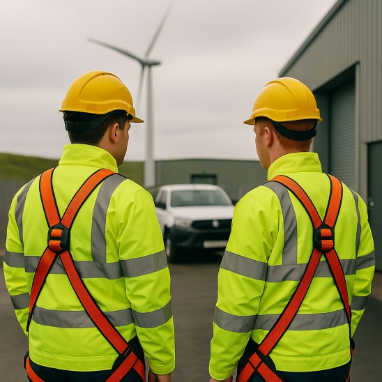 Two wind turbine technicians in hi-vis PPE in front of a white truck and wind turbine.