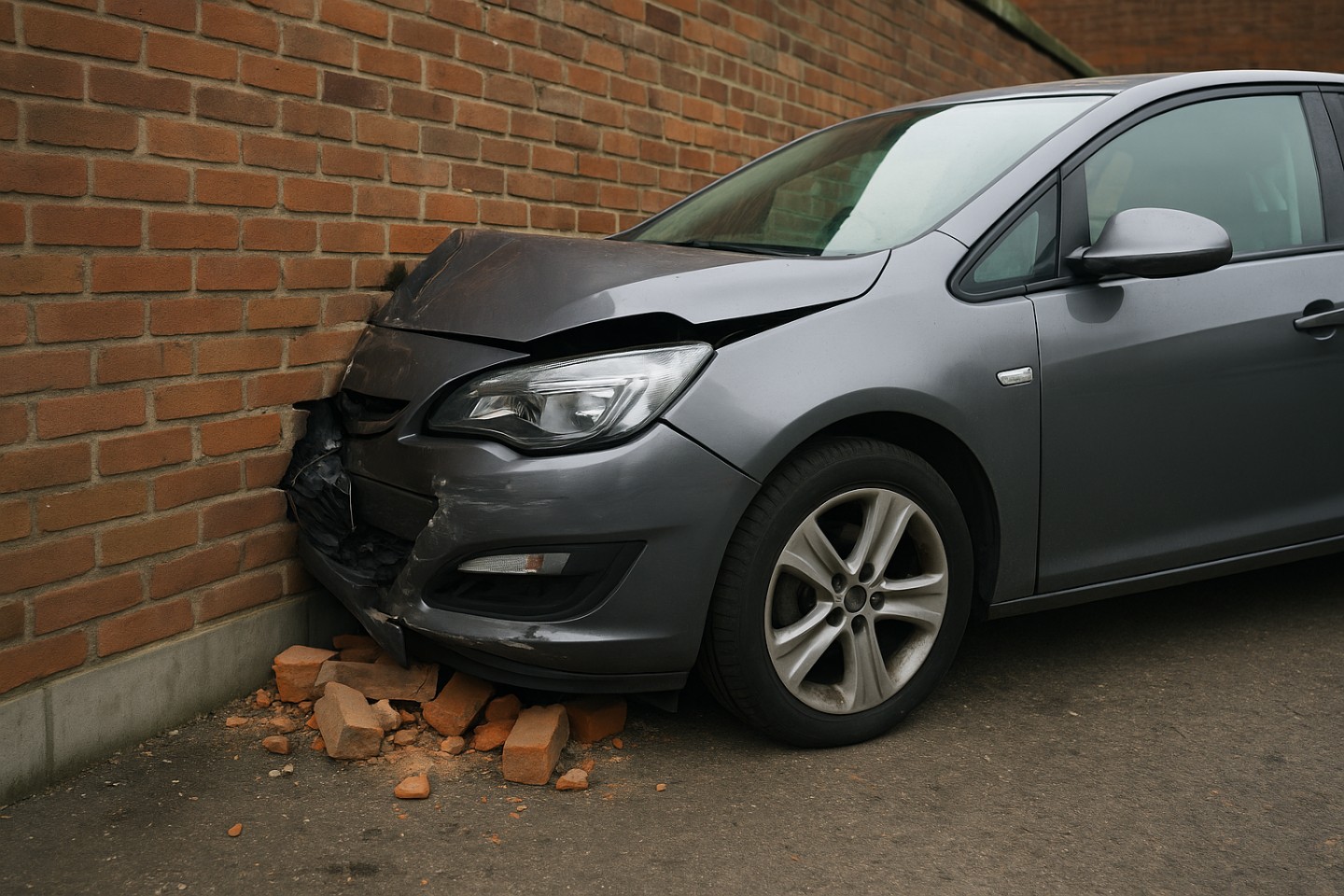 A grey car crashed into a brick wall.